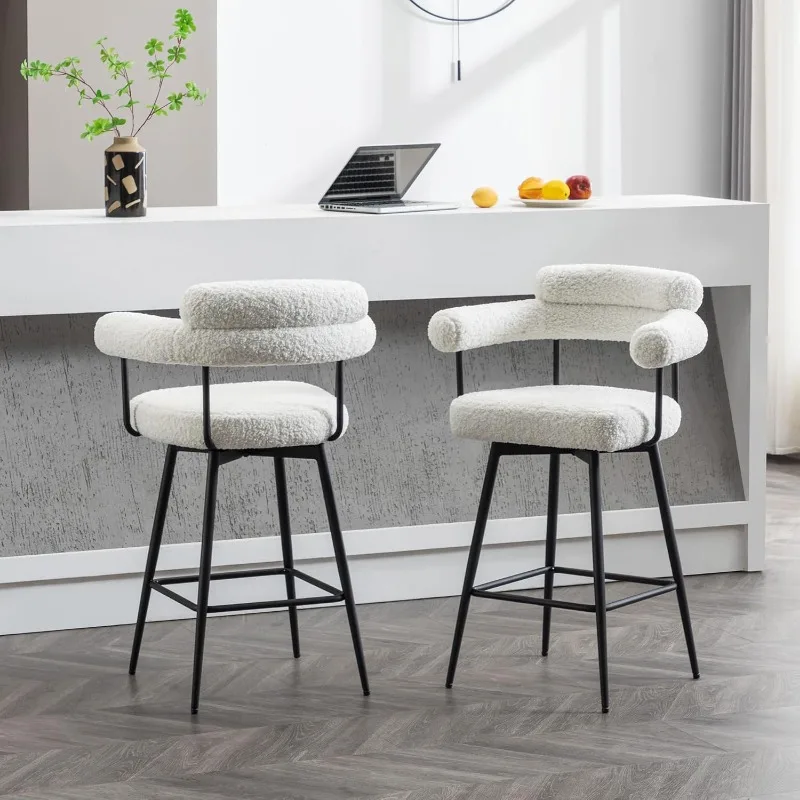 Counter Height Bar Stools Swivel, White Boucle Sherpa Bar Chairs with Arms, 26.7 Inch Modern Upholstered Seat For