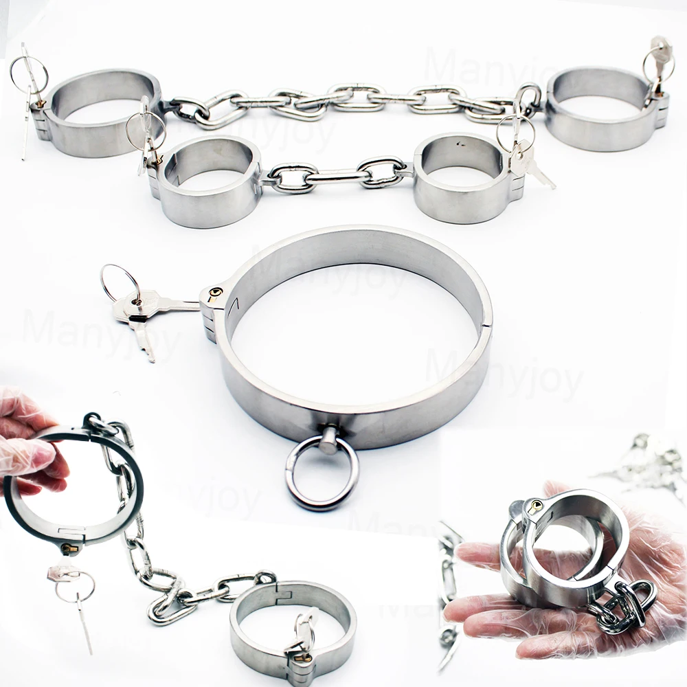 Heavy Stainless Steel Slave Wrist Handcuffs Ankle Cuffs Choking Neck Collar Detachable chain Shackles Bondage BDSM Lock Toys