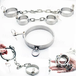 Heavy Stainless Steel Slave Wrist Handcuffs Ankle Cuffs Choking Neck Collar Detachable chain Shackles Bondage BDSM Lock Toys