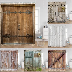 Rustic Barn Door Shower Curtains Grey White Brown Wooden Board Vintage Farmhouse Decorative Polyester Fabric Bathroom Curtains