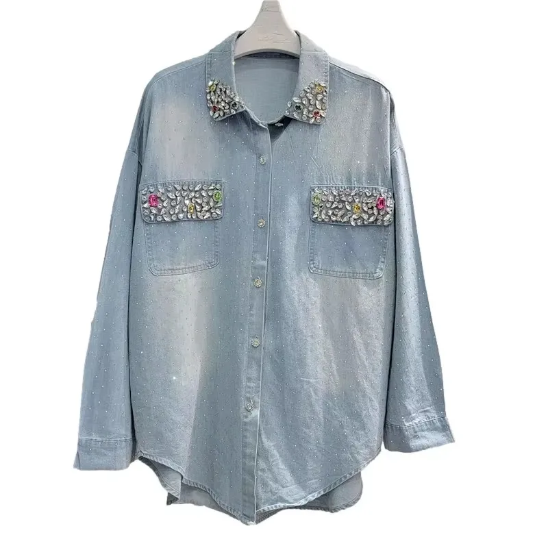 Spring New Korean Women Diamond Pocket Thin Light Blue Denim Shirt Jacket Casual Lapel Long Sleeve Female Jean Jacket Streetwear