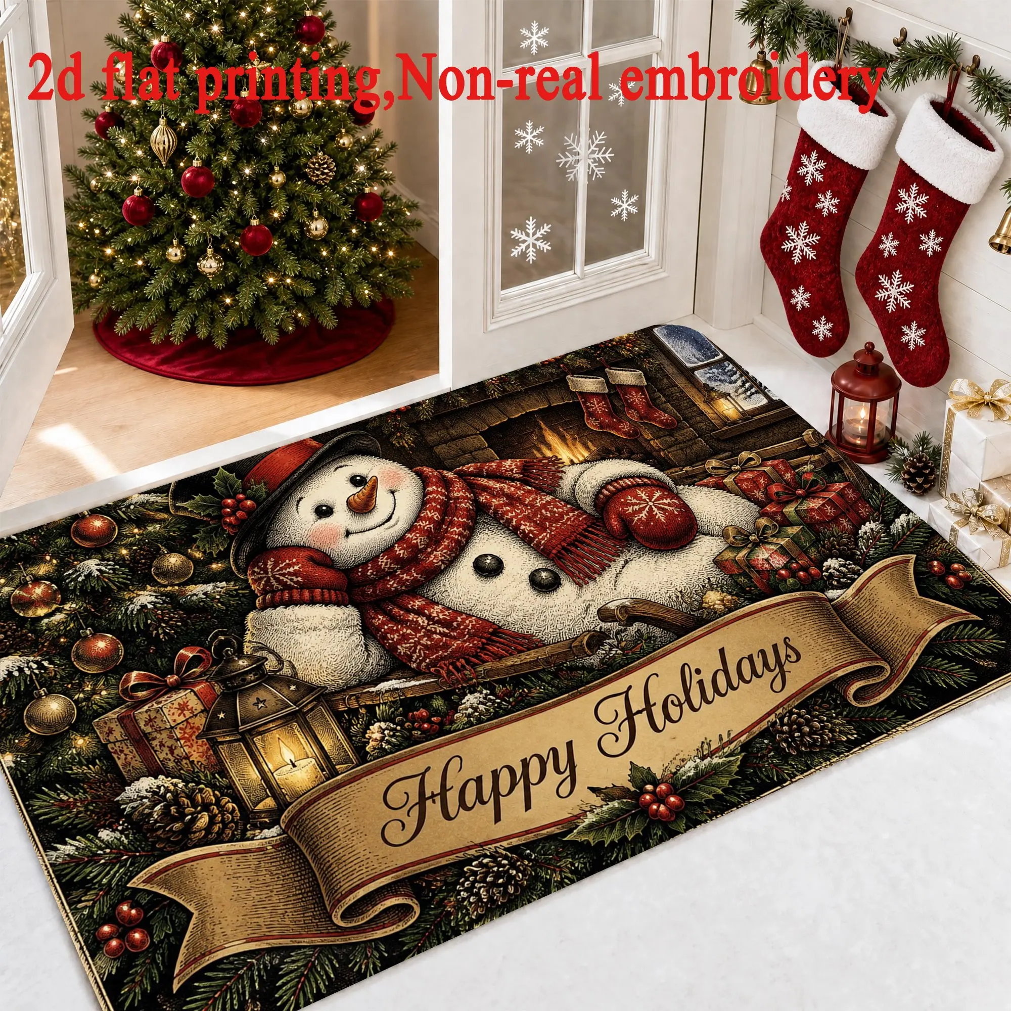 Colorful Folk Snowman Xmas Doormat Vintage Botanical Floral Rug Indoor Outdoor Front Porch Christmas Home Styling
