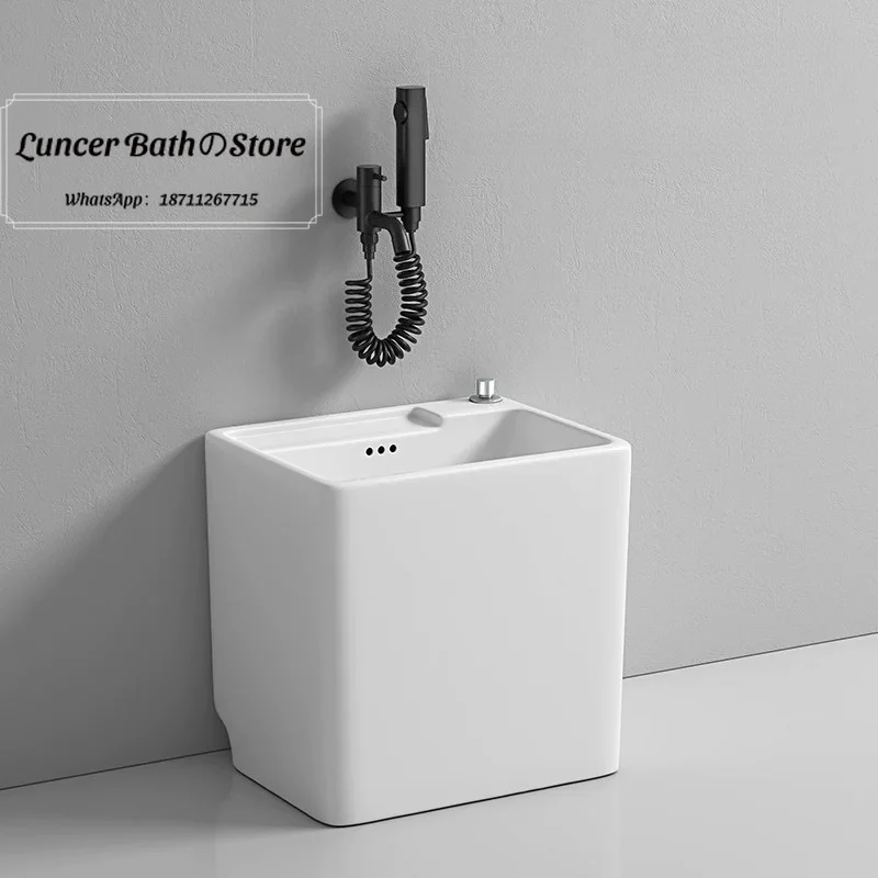 Integrated Ceramic Mop Sink, Large Capacity Floor-standing Utility Sink Countertop Control Mop Basin for Home Balcony & Bathroom