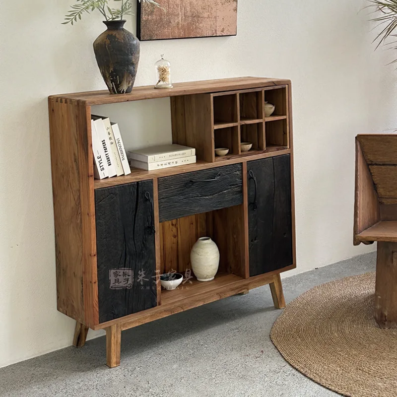 Customized wabi-sandy wind solid wood contrasting color dining side cabinet cabinet homestay simple storage storage cabinet old