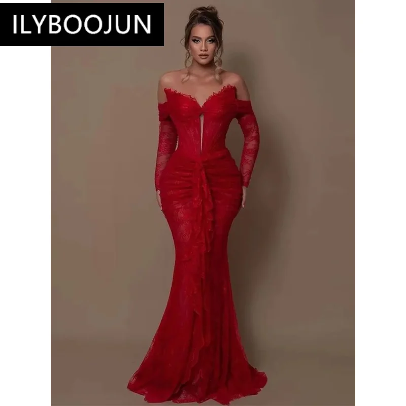 Evening Party Dresses For Women 2024 Sexy Brand Luxury Celebrity Lace Gloves Red Long Gowns Dress Trumpet Maxi