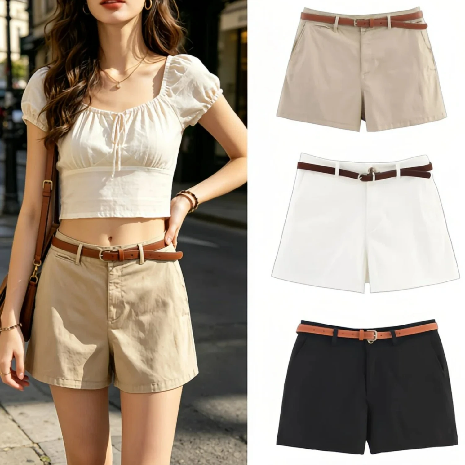 

Summer Casual Loose Shorts for Women with Belt High Waist Straight Leg Shorts Solid Fashionable Comfort Daily Street