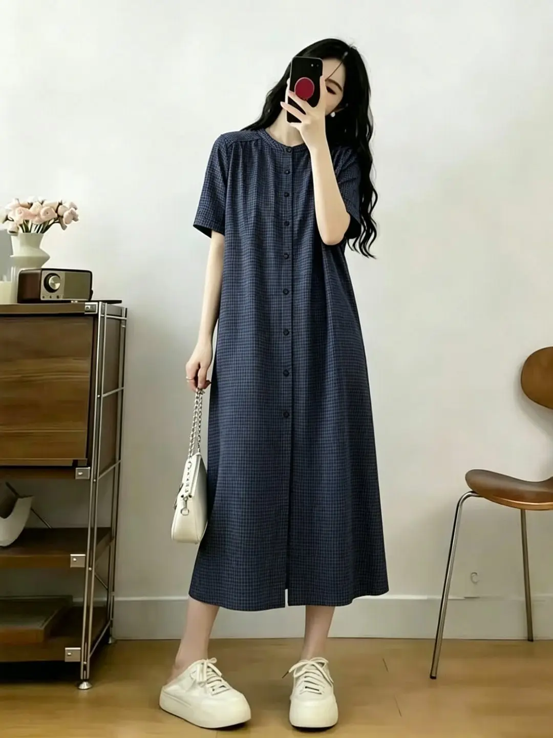 

Fashionable Artistic plus Size Shirt Dress Women's Summer Slimming Short Sleeve High Waist A-Line Dress Cool Sensation