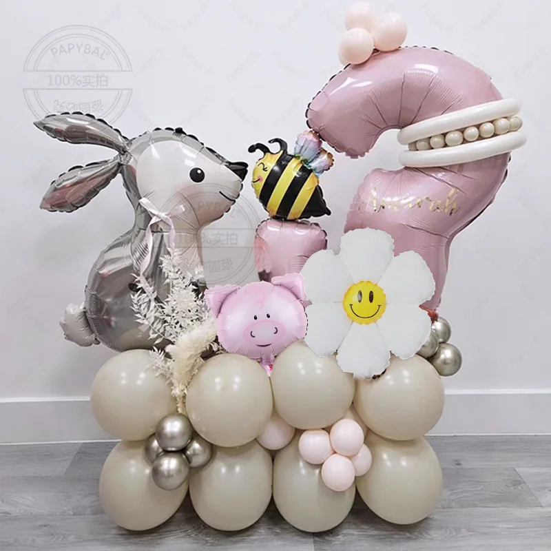 56pcs Easter Bunny Cartoon Rabbit bee piggy Foil Balloons Pink 40inch Number Balloon Set Child Girls  Birthday Party Baby Shower