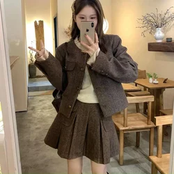 Vintage Cropped Blazer Mini Skirt Suits Y2k Brown Women Long Sleeve Jackets Match High Waist A-line Pleated Skirts Tweed Outfits