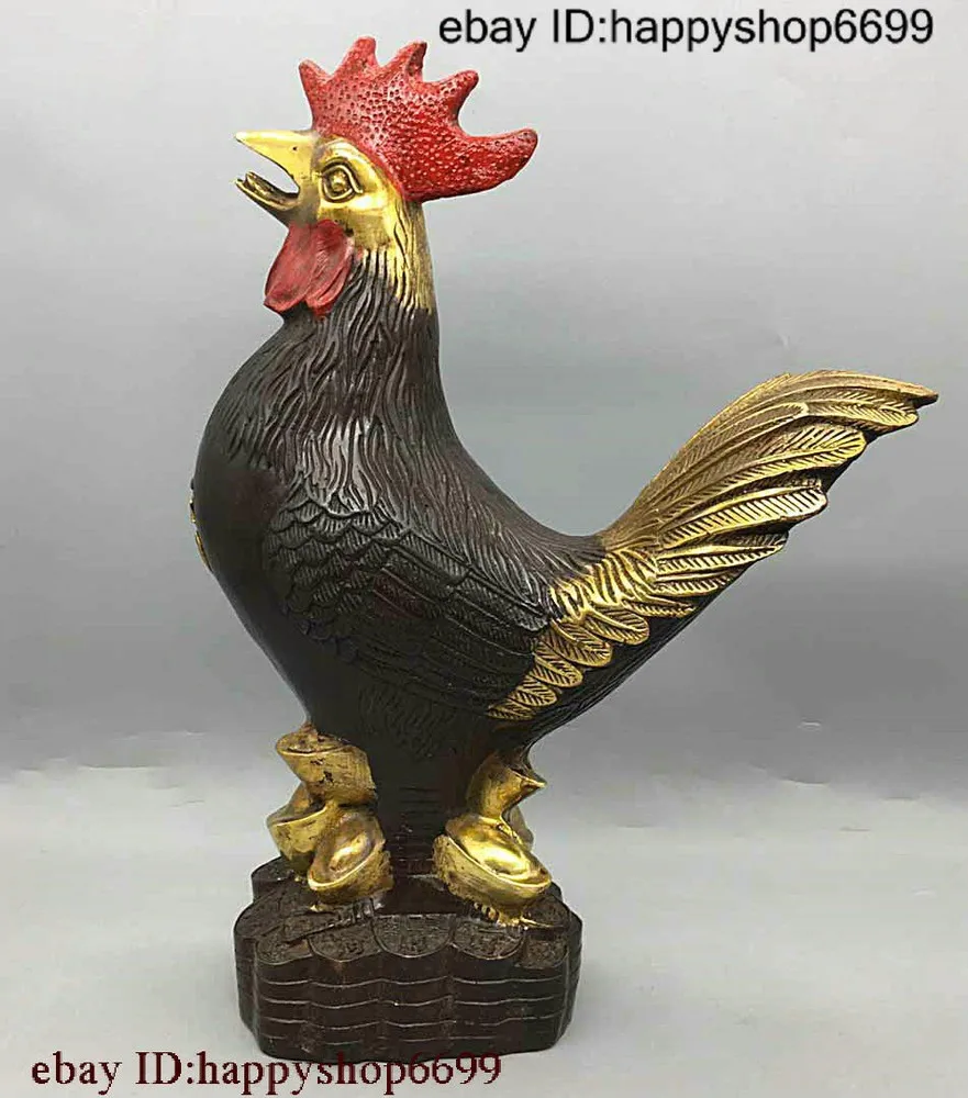 

Collect folk Chinese bronze gold-plated feng shui 12 zodiac year chicken statue 1007-