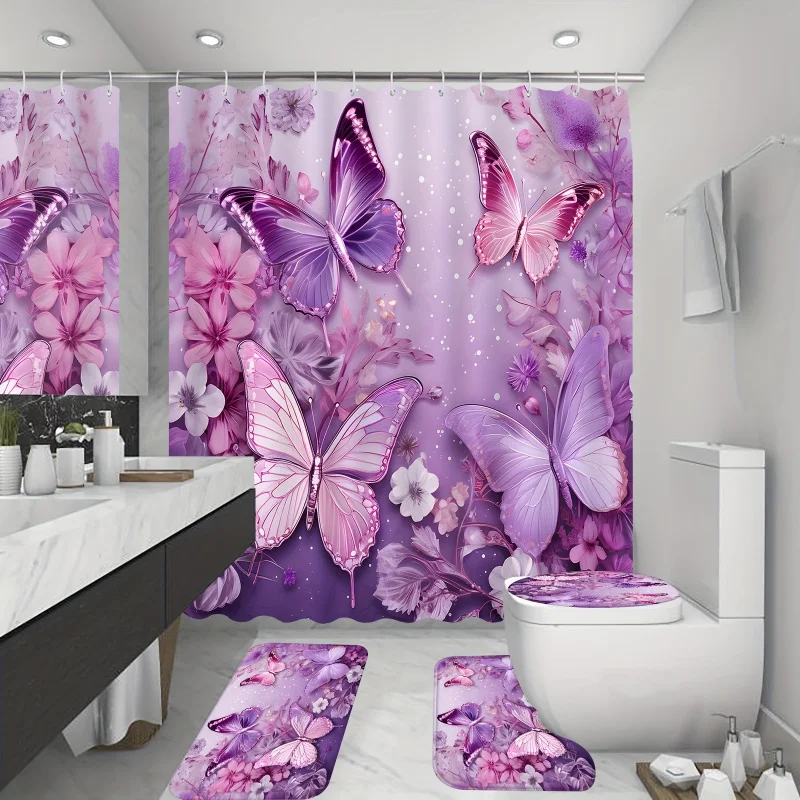 4pcs Lavish Purple Butterfly Bathroom Essentials Set - Water-Repellent Shower Curtain with 12 Rust-Resistant Hooks, Non-Slip B