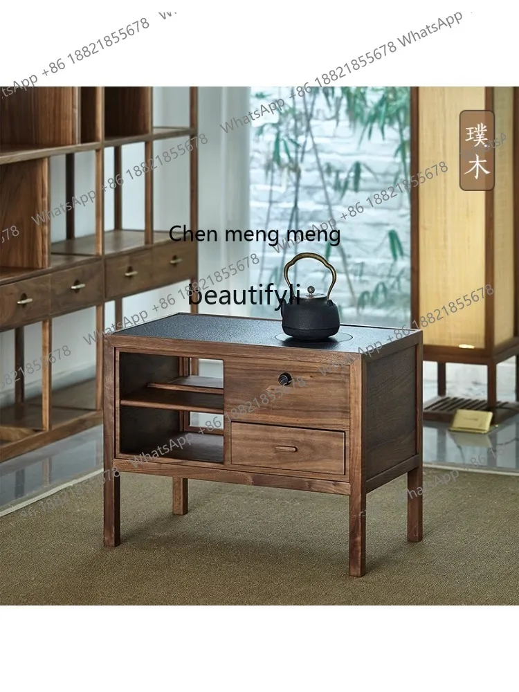 New Chinese Style Black Walnut Tea Cabinet Furniture Water-Boiling Stove Storage Low Cabinet Side Cabinet Solid Wood Living Room
