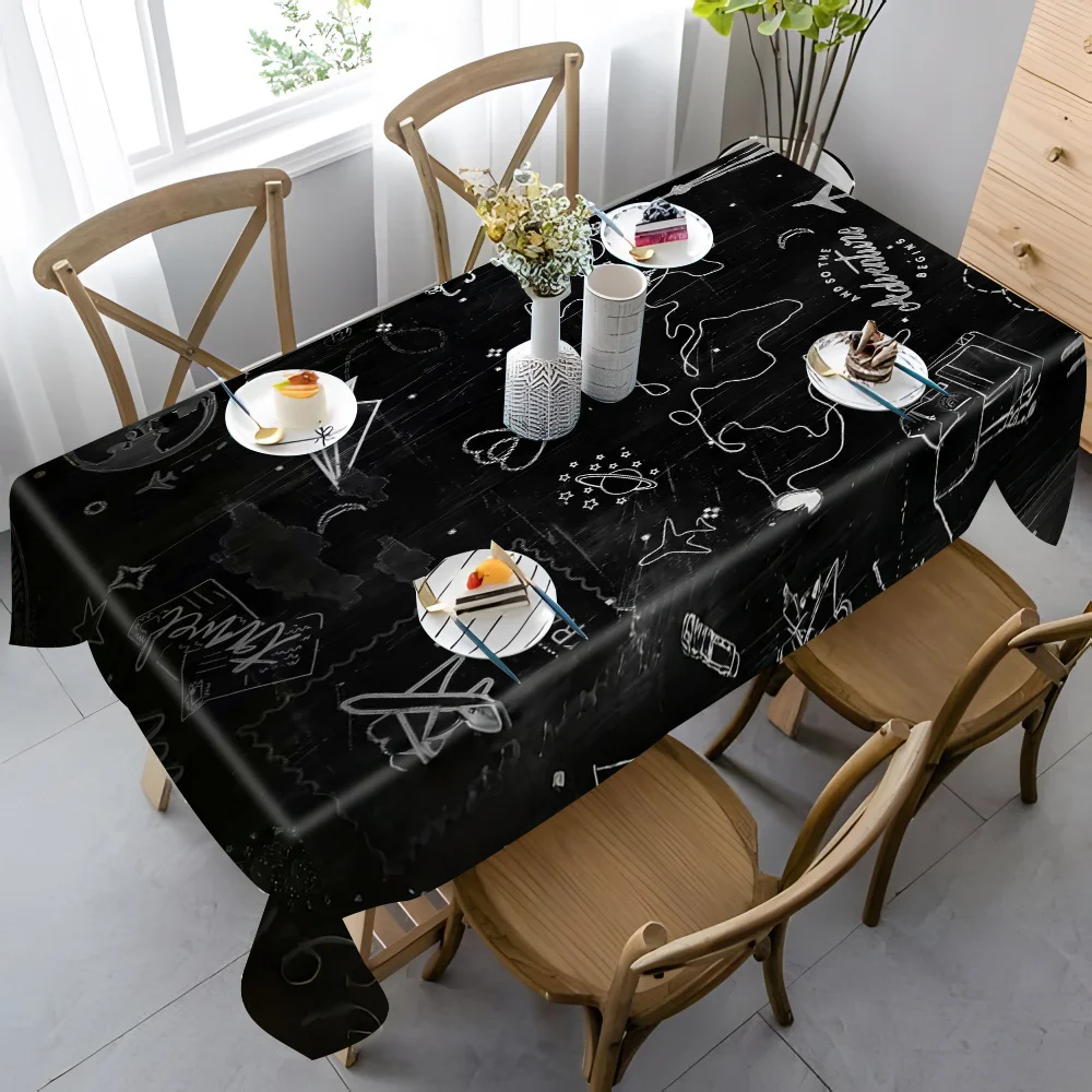 1pc 2D Flat Black Background White World Map Travel Element Printed Tablecloth, Decorative Table Cover for Dining Table