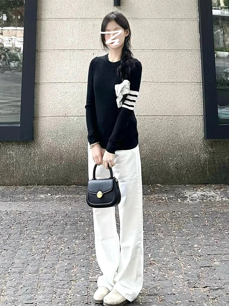 

Bla Stripe Splicing Knitted Top Women's Faion Korean Sle Slim Fit Inner Wear Autumn Winter High End Feeling Sweater