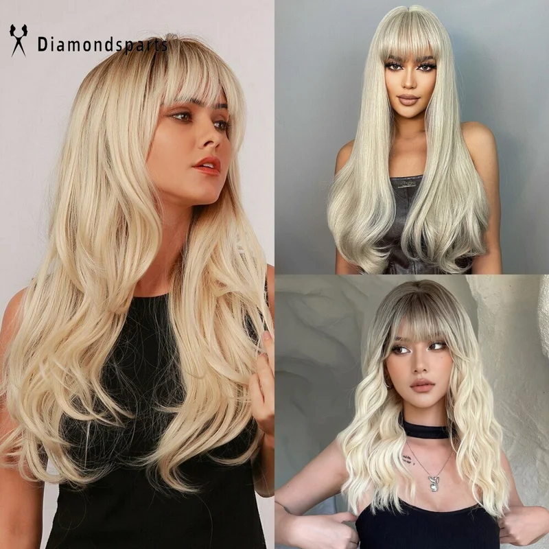 

Женские длинные волнистые парики из платиновой светлой волос с челкой, синтетический парик Fanshion Daliy