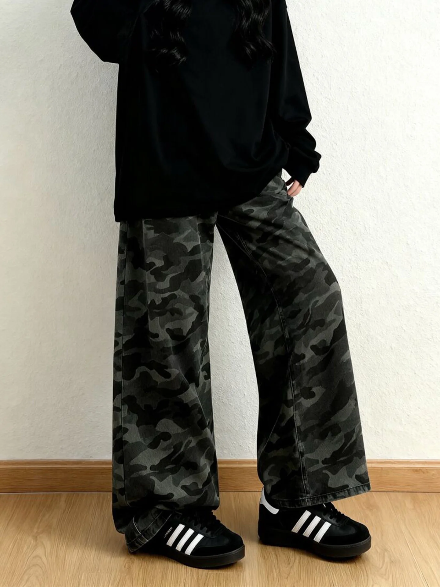 

High Waist Wide Leg Women's Jeans Retro Camouflage Washed out Denim Pants Spring Summer New Style Slimming for Petite Ladies