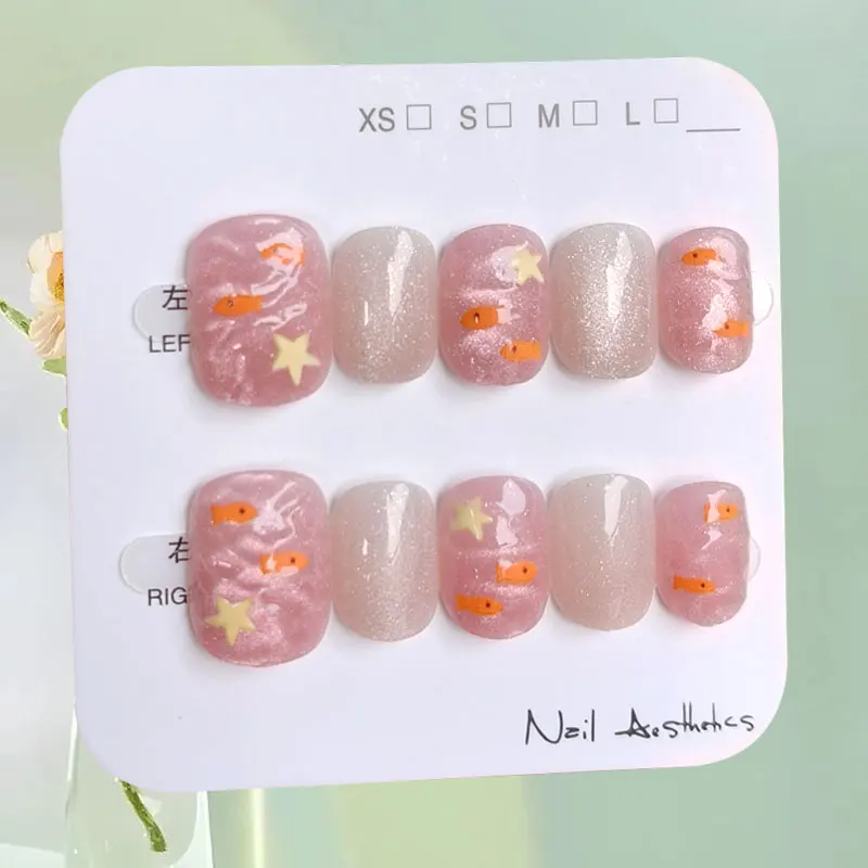 10Pcs Good Luck Koi Short Oval Press On Nails Sweet Girl Vitality Wind Powder with Whitening Adjustment 3D Removable Nail Patch
