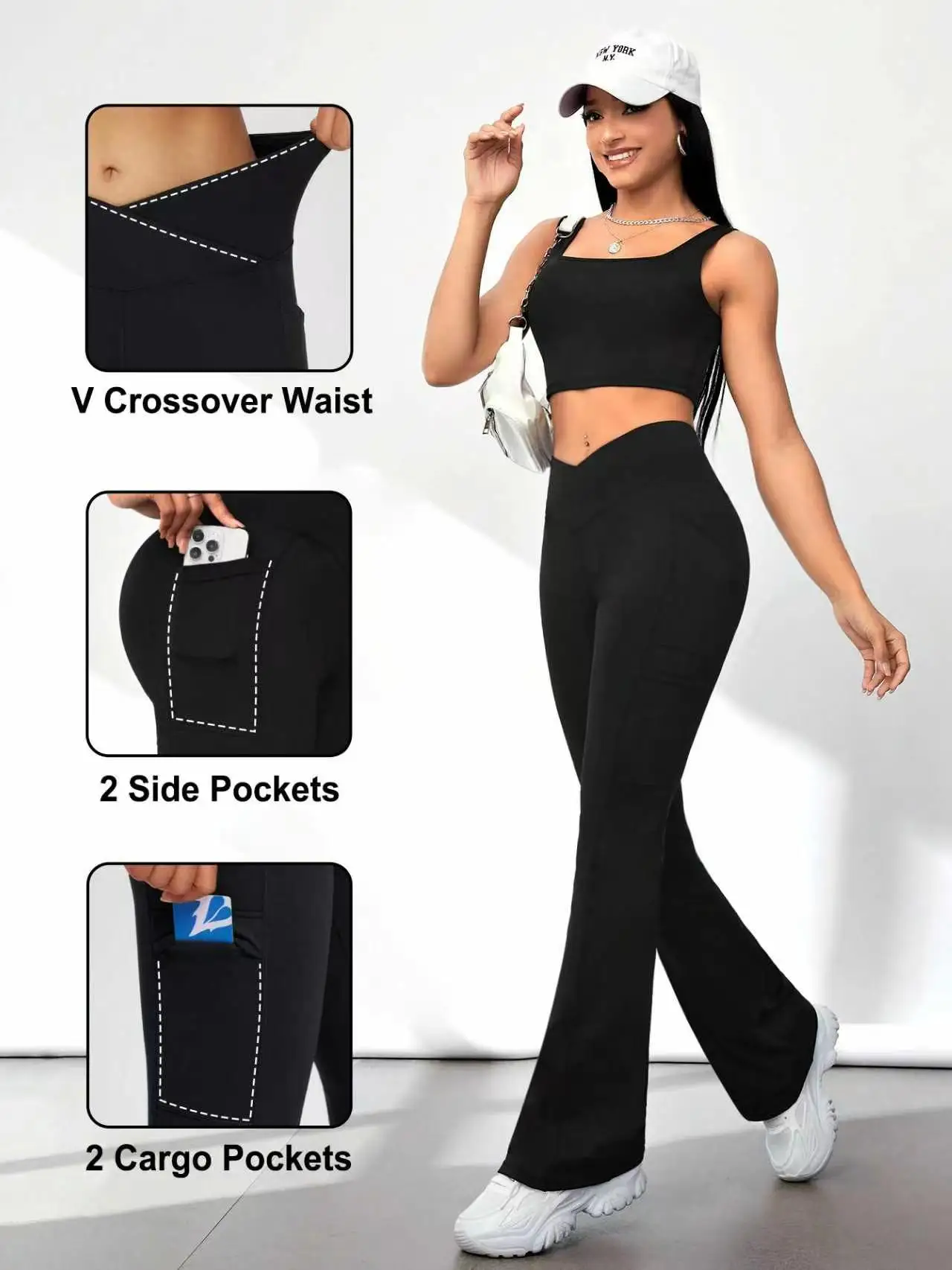 

Women's Casual Sports Pants, Yoga Pants, Cross-Waist Multi-Pocket Design, High-Waisted Butt-Lifting