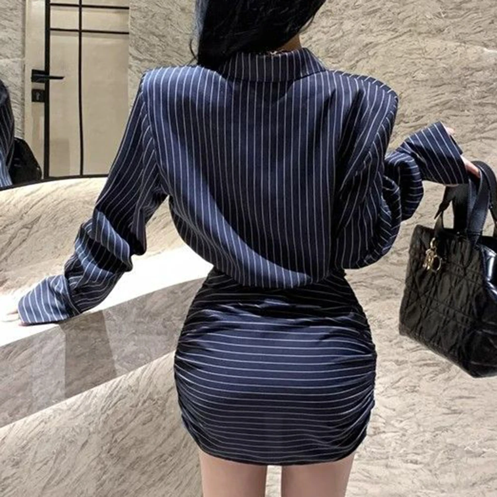 เสื้อเชิ้ตแขนยาวลายผู้หญิงฤดูใบไม้ร่วงใหม่เอวบางและบางกระโปรงสะโพกย้อนยุค streetwear สลิมฟิตชุดเซ็กซี่