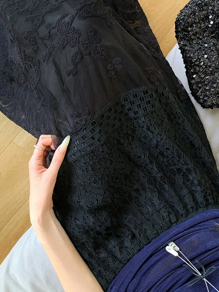 여성용 엘레 하이웨이스트 A라인 스커트 자수 레이스 미디 스커트 다용도 화이트 여름 봄 패션 2025