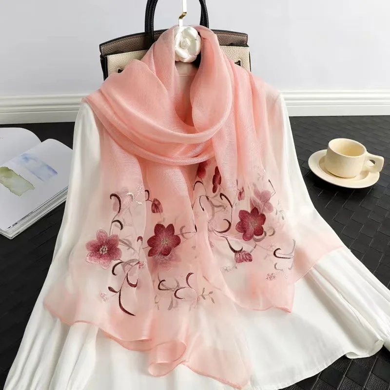 

Emulation Silk women's wool embroidered floral high-end fashion Begonia scarf summer sunscreen shawl