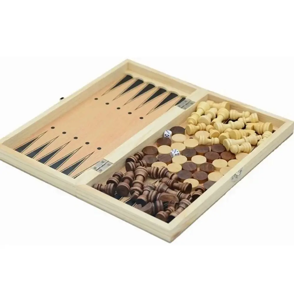 

3-in-1 Chess&Backgammon&Checkers Set Wooden Foldable Board Games Set Chessboard Improve Intelligence International Chess Game