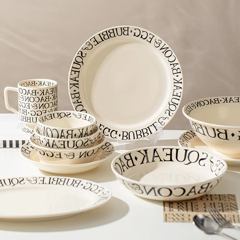 LingAo   INS wind High appearance Level household ceramic French Alphabet Bowl and Dish dinnerware Set