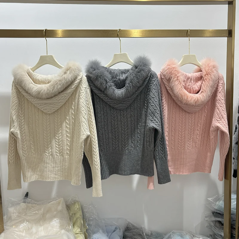 2025 New Arrival Women Autumn Real Fox Fur Collar Hoodie Slim Sweater Girl's Pink Hooded Sweater Jacket Coat