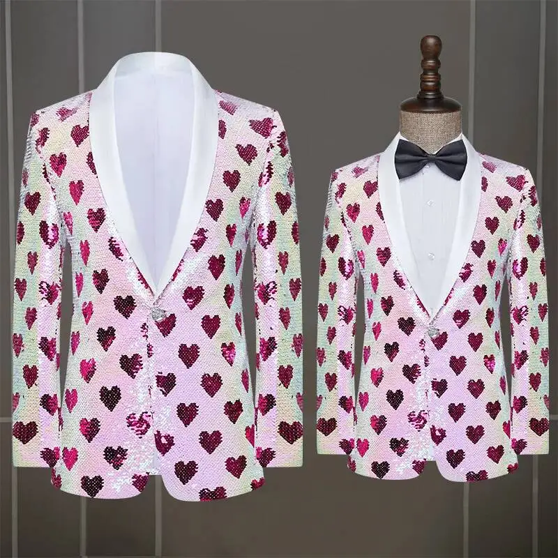 

Slim Suit Jacket For Men, Fit, Heart Sequins, Stage Performance, Singer Trend Performance, New Year's Banquet Dress