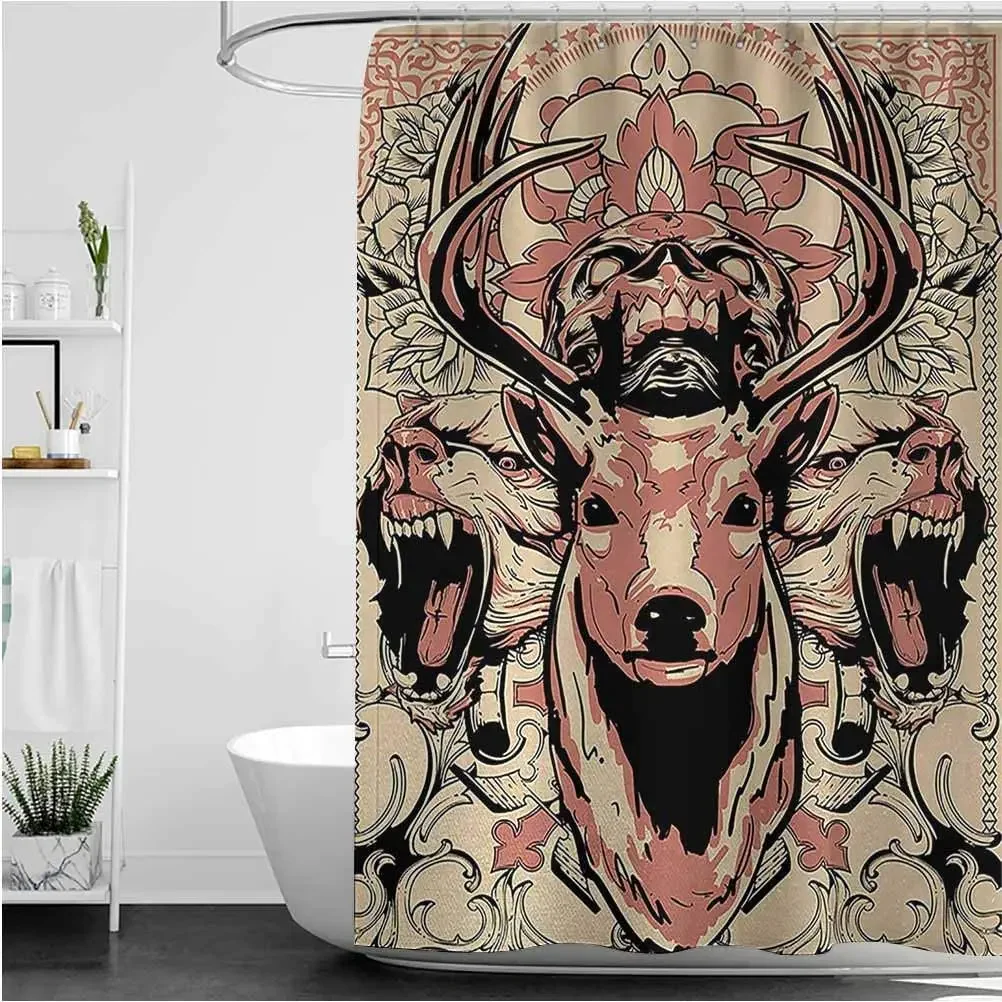 Interesting Deer Modern Artsy Illustration Of Skull And Wolves With Floral Design Antlerby Ho Me Lili Shower Curtain Beige Pink