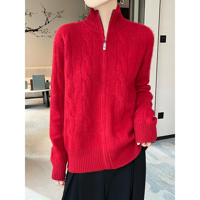 

New Women's 100% Merion Wool Hoodie Knitted Thick Edition Autumn Winter Comfortable Skin friendly Zipper High Neck Solid Color