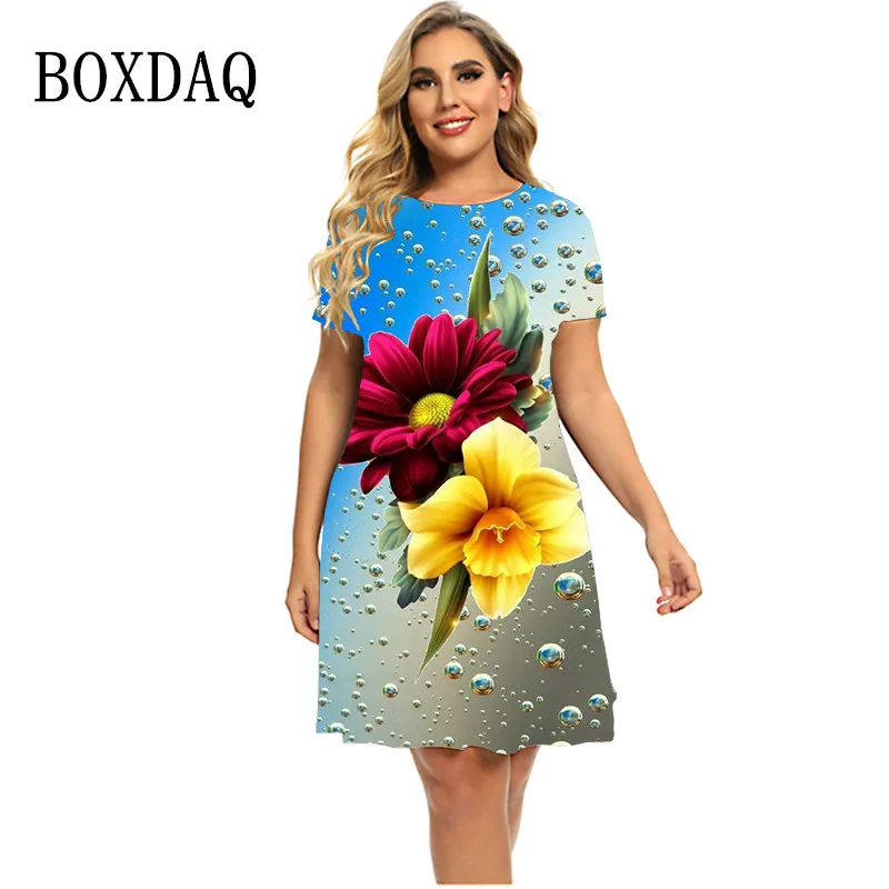 Gradual Raindrop Flower Print Women Dress Summer Fashion Elegant Casual Short Sleeve O-Neck A-Line Dress Oversize Clothing Loose