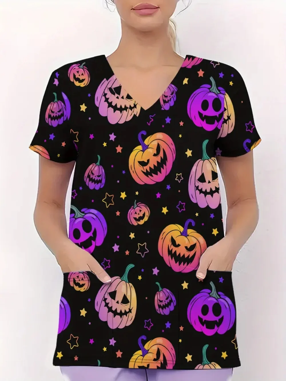 ชุดยูนิฟอร์มทางการแพทย์สำหรับผู้หญิง ลายฟักทองฮาโลวีน แฟชั่นคอวี แขนสั้น ชุดยูนิฟอร์มทางการแพทย์ลำลอง ชุดยูนิฟอร์มพยาบาลทันตแพทย์สำหรับผู้หญิง