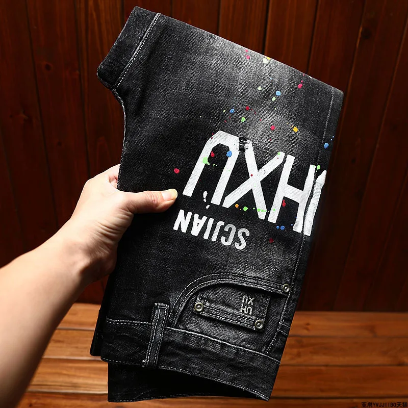 

Letter Printed Jeans Men's Ripped Paint Design Trendy Unique Street Fashion and Handsome 2024 New Long Pants