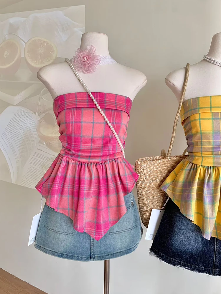 Summer Women Korean Fashion Sweet Plaid Tube Top Design Kpop Vintage Gyaru Coquette 2000s Aesthetic Cute Core Kawaii Mori Girl