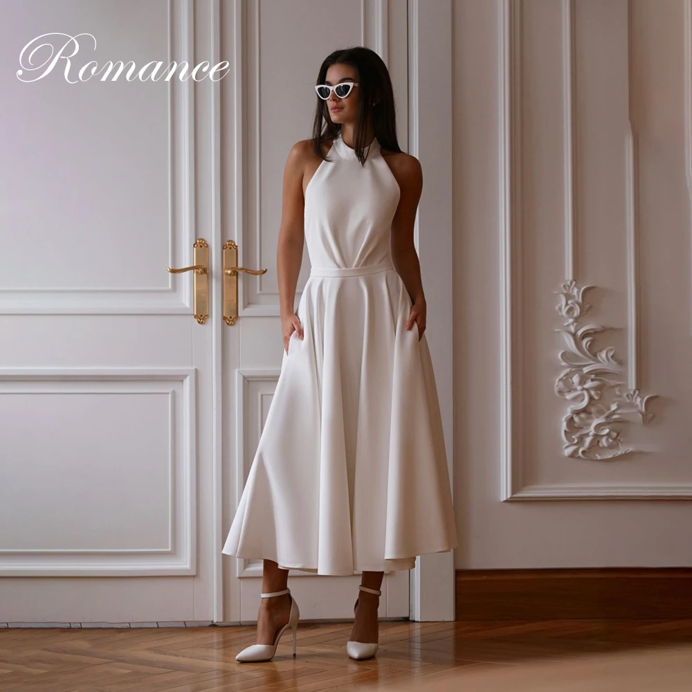 

Simple A-Line Wedding Dress 2025 High Collar Sleeveless Pleat Backless Bow Tea-Length Bridal Gown Vestidos De Novia Customized