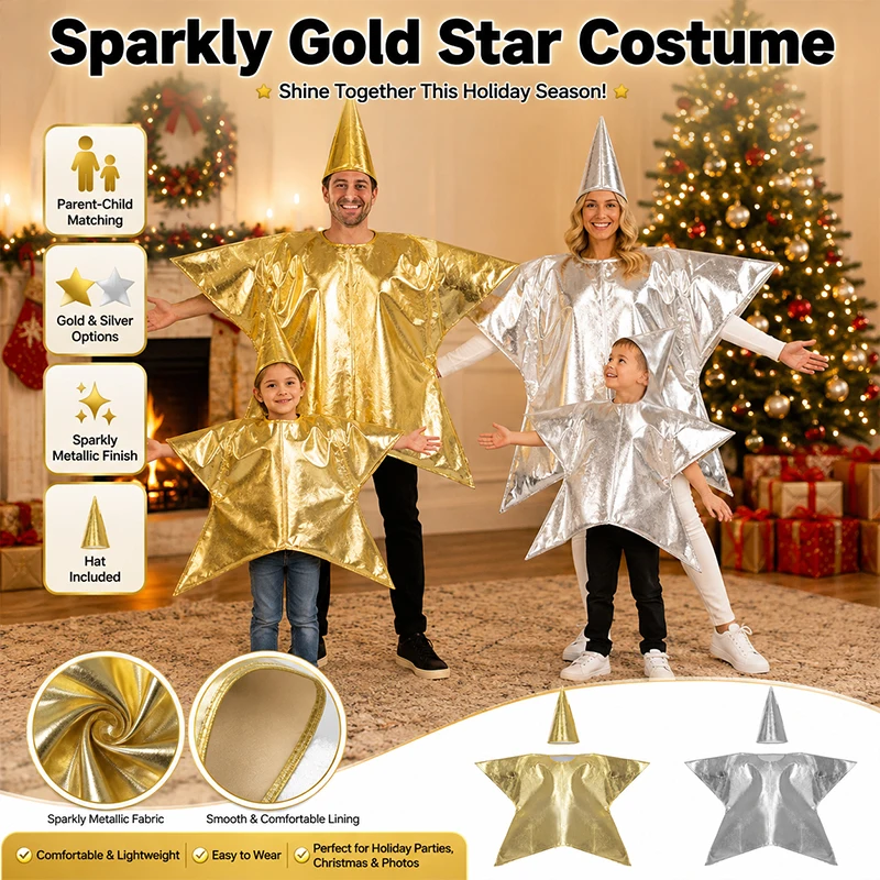 Kids Star Nativity Costume Shiny Gold Silver Christmas Star Outfit Children Xmas Pageant Party Cosplay Fancy Dress Suit