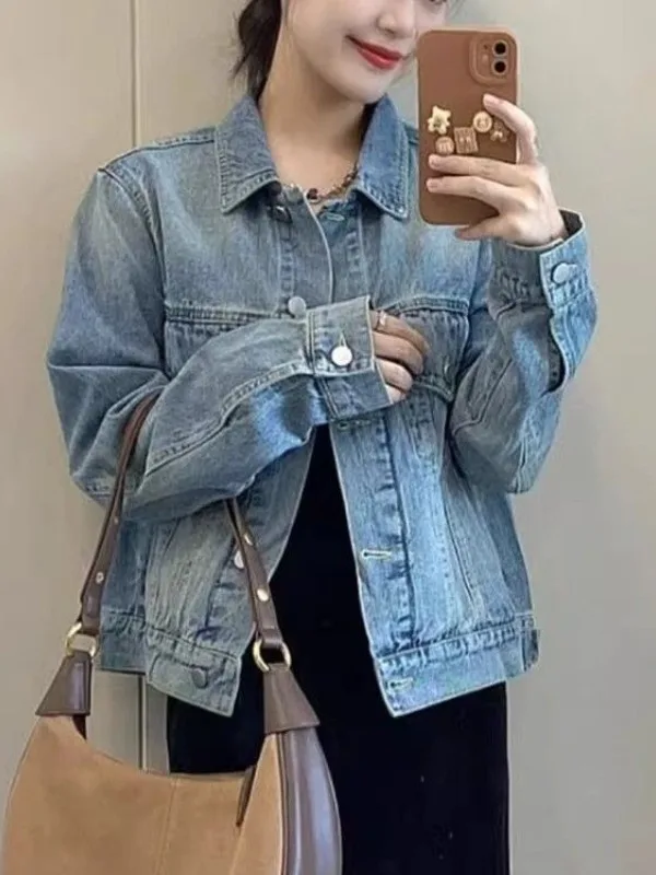 

Waed Denim ort Jaet Women's Casual Vintage Hong Kong Sle Anti-Aging Leisure Coat Spring Autumn New Design Cotton Poly...