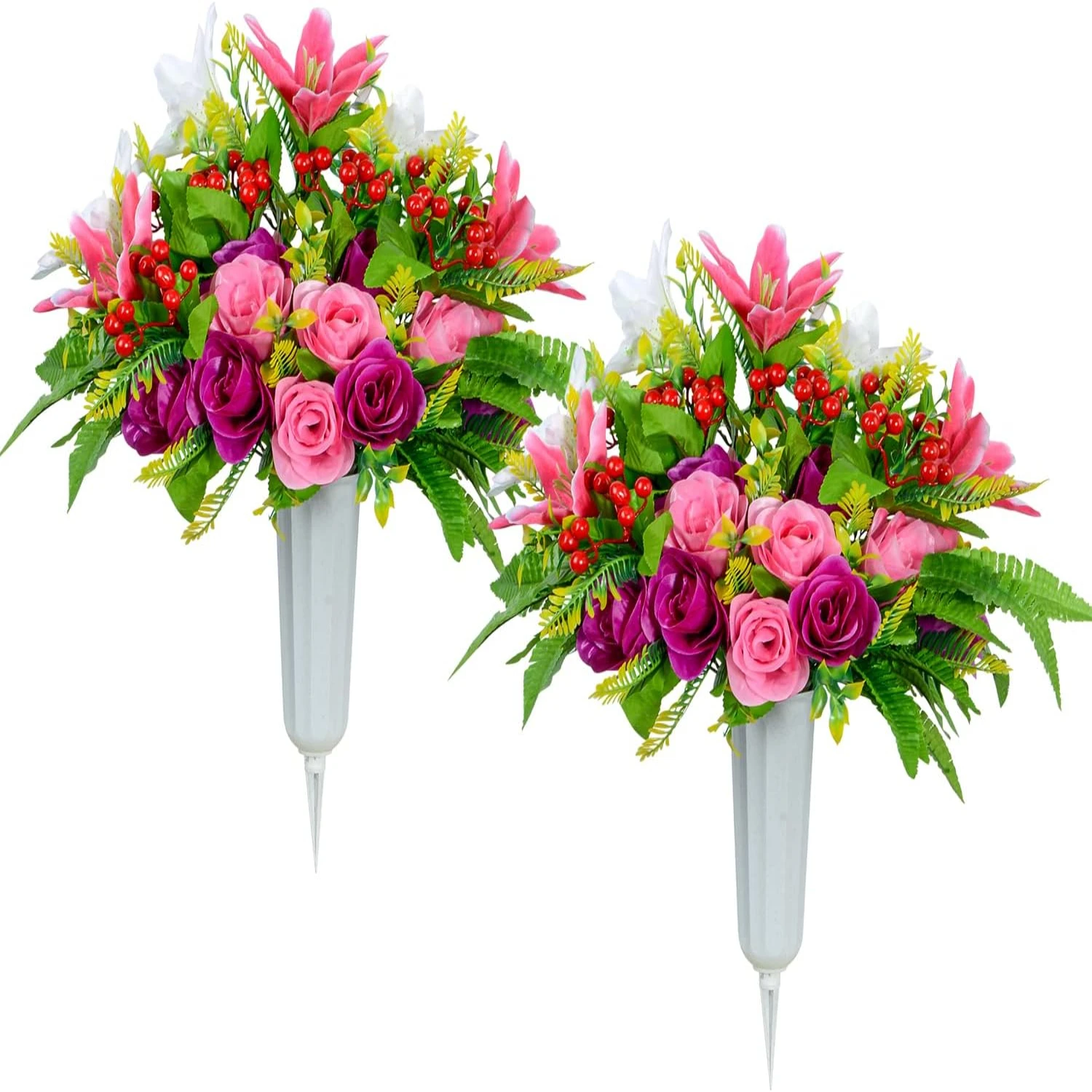 

Elegant and Beautiful Set of 2 Realistic Artificial Rose Lily Bouquet Cemetery Flowers with Gorgeous Vase, Stunning Artificial G