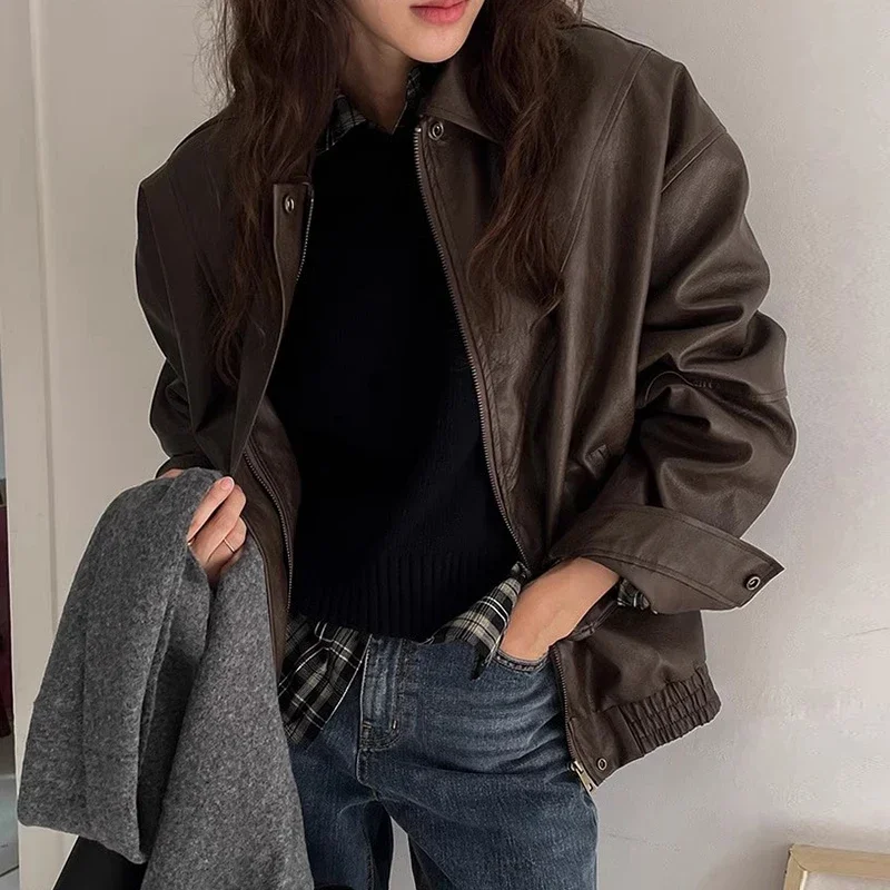 Pu Leather Women 2024 Outerwears Laple Neck Zipper Chaquetas Mujer Motorcycle Jacket Korean Loose Jackets All-match Ropa