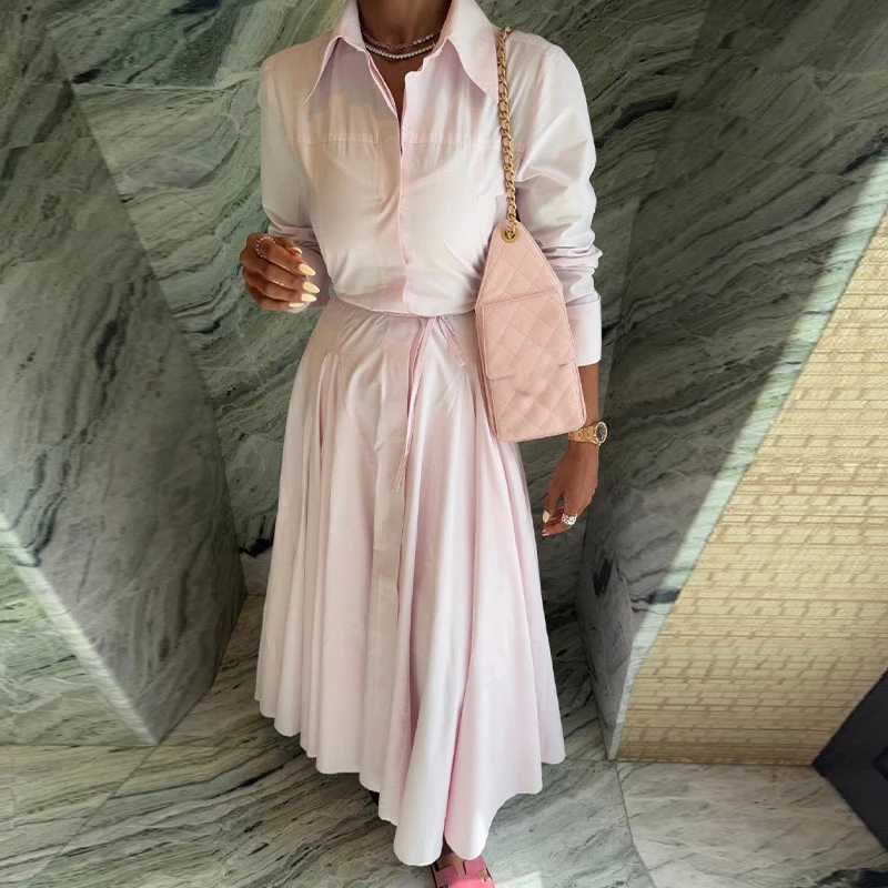 ชุดเซ็ตเสื้อแขนยาวเอวสูงและกระโปรงทรงสวยหรู สีพื้น เรียบง่าย สไตล์ลำลอง สำหรับสาวๆ ใส่ไปทำงานหรือไปงานปาร์ตี้