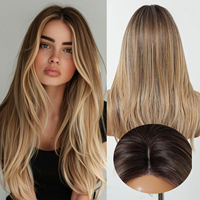 DWY Long Layered Straight Synthetic Lace Wigs for Women Brown Mixed Blonde Highlight Wig Lace Front Natural Hair Heat Resistant