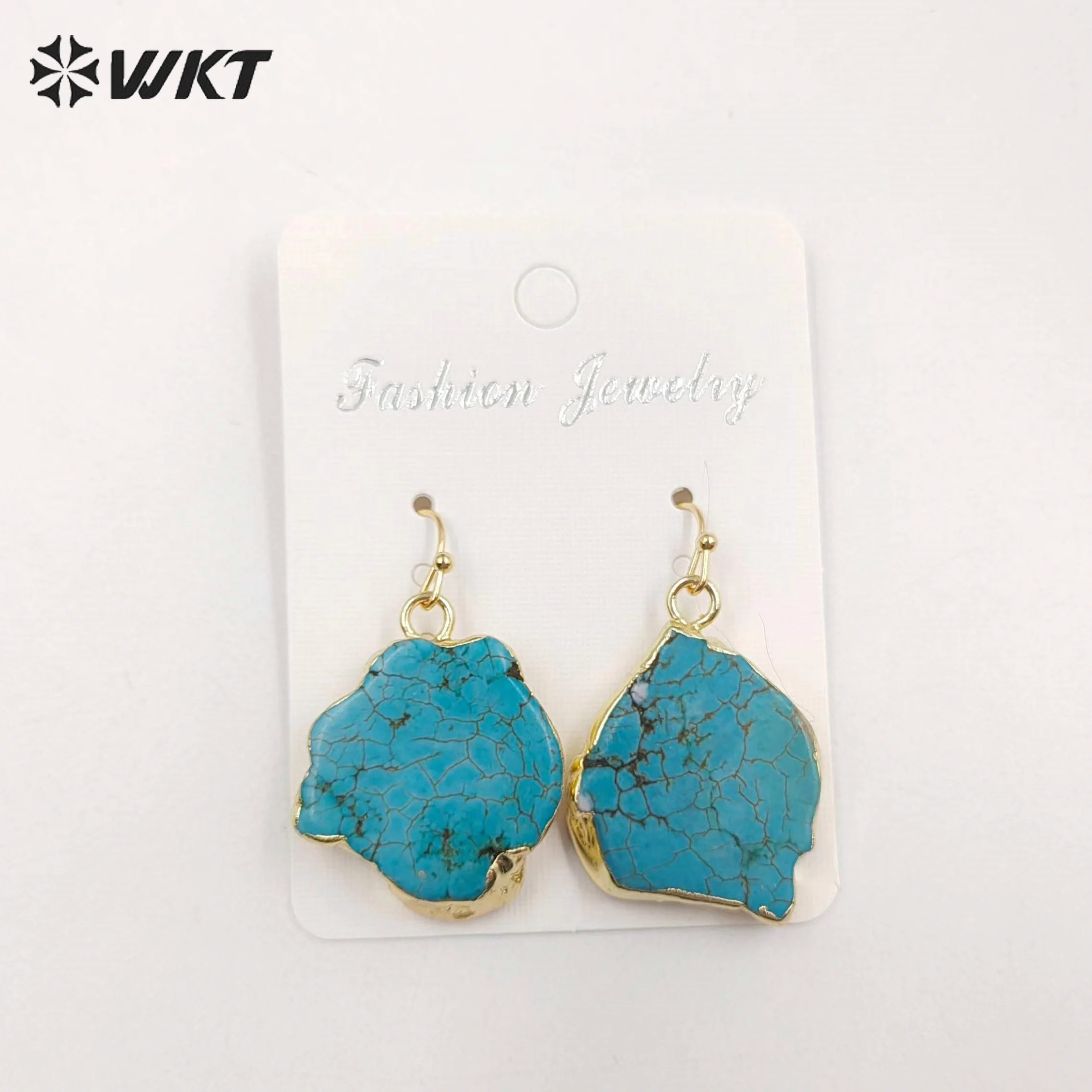 

WT-E054 Natural Howlite Earrings With Gold Trim On Edged Beautiful Green Stone Irregular Shape Simple Daily Accessories