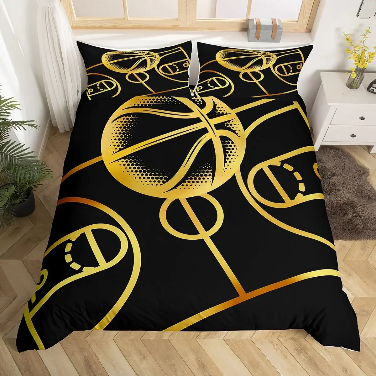 

Basketball Duvet Cover Twin King For Boys,Teen Basketball Court Design Comforter Cover Sports Games Bedding Set With Pillow Case