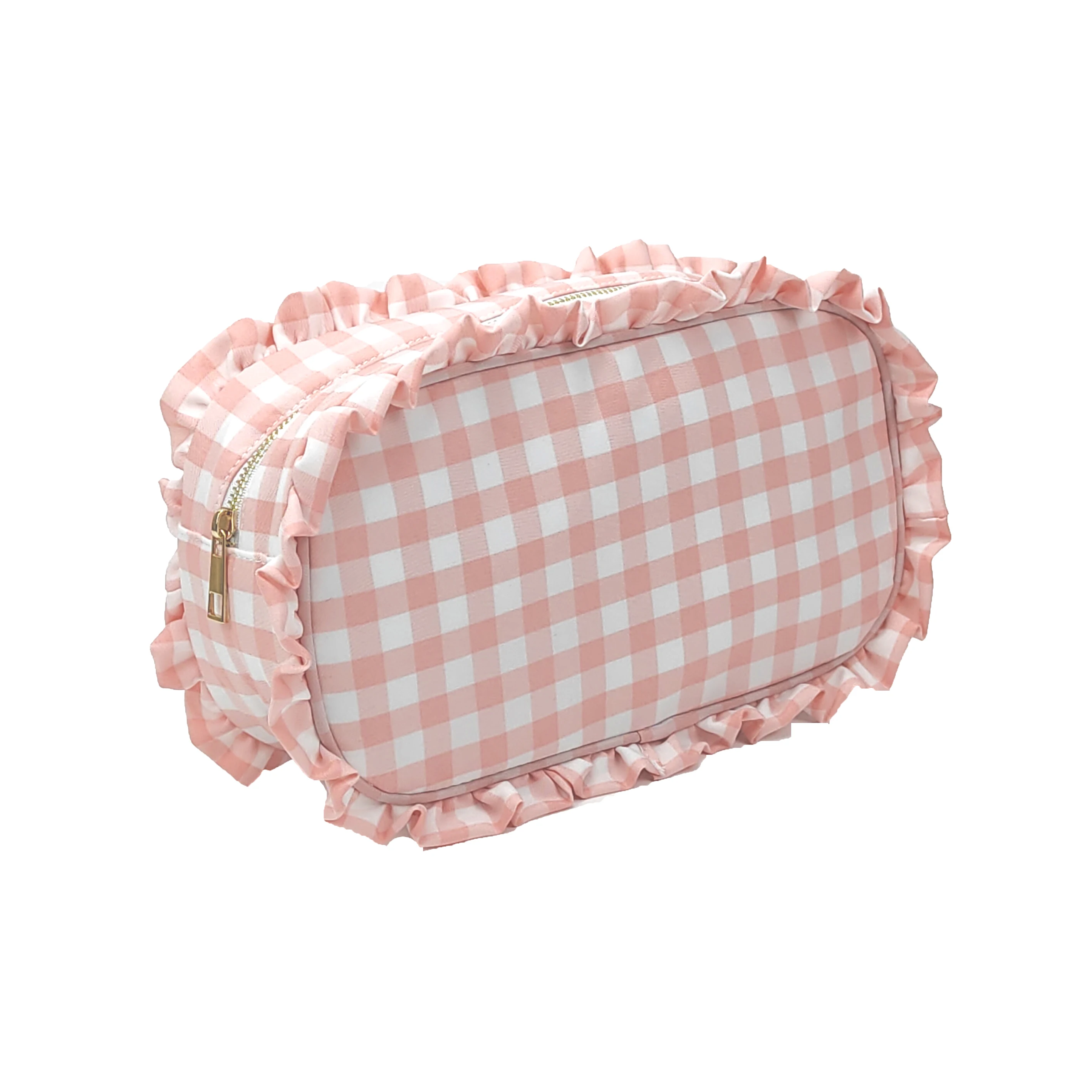 1pc Ruffle Plaid Cosmetic Bag Personalized Nylon Pink Toiletry Bag New Travel Cosmetic Makeup Bag Organizer Bride Party Gift