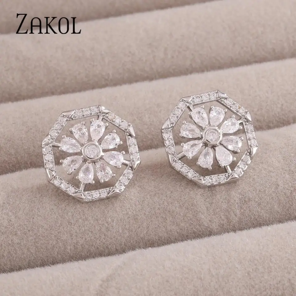 ZAKOL Fashion Simple Hollow Octagon Stud Earrings For Women Girls Elegant Water Drop CZ Earrings Daily Wear Accessories
