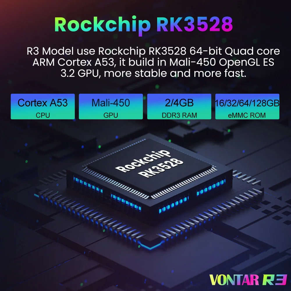 VONTAR R3 RGB Light Android 13.0 TV Box RK3528 رباعي النواة Cortex A53 يدعم 8K Video HDR10 + BT5.0 Wifi6 Google Voice Media Play