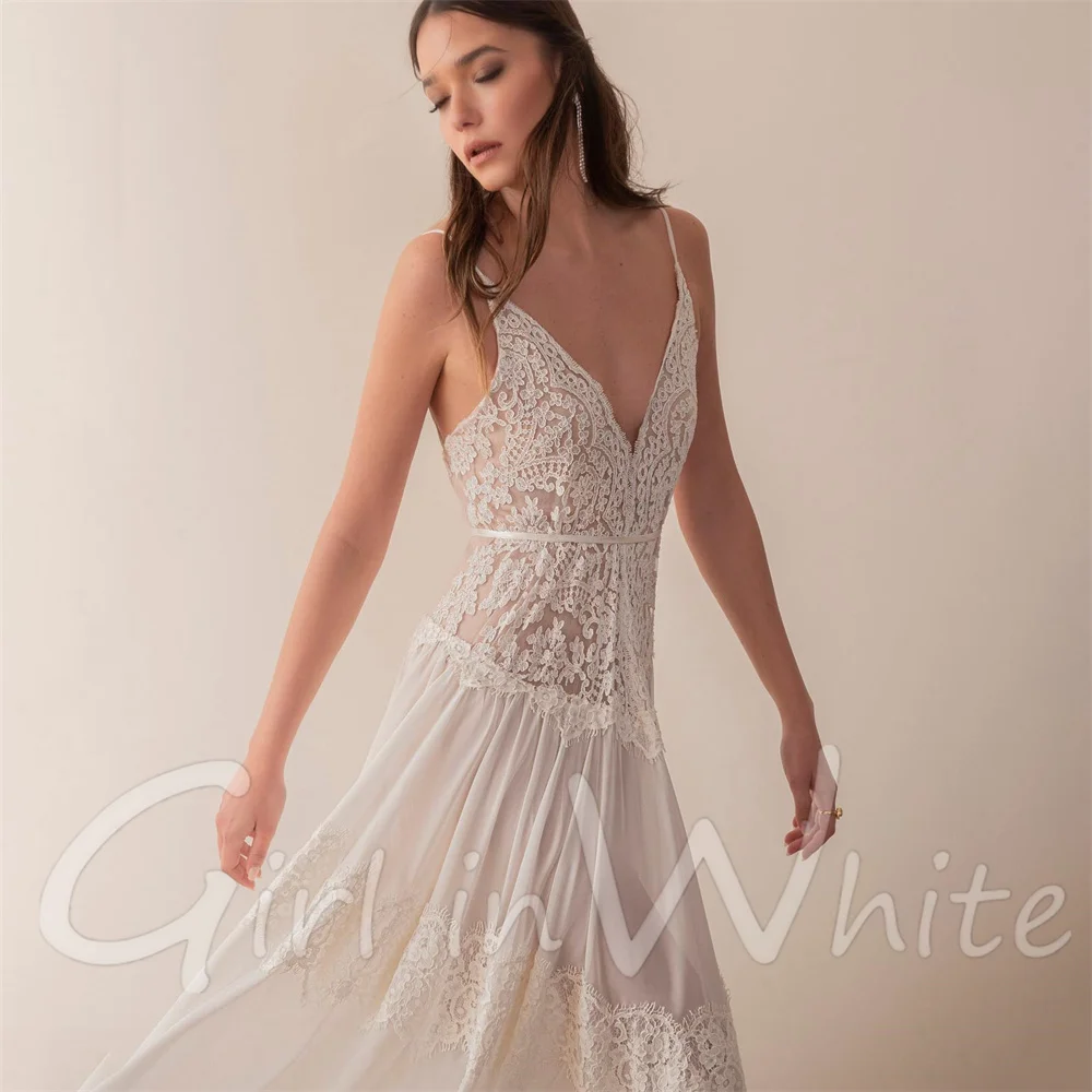 الدانتيل البوهيمي طول الأرض شاطئ بوهو ألف خط فستان الزفاف المخصص مع العميق الخامس الرقبة novia فيستدو الزفاف زي العرائس مثير