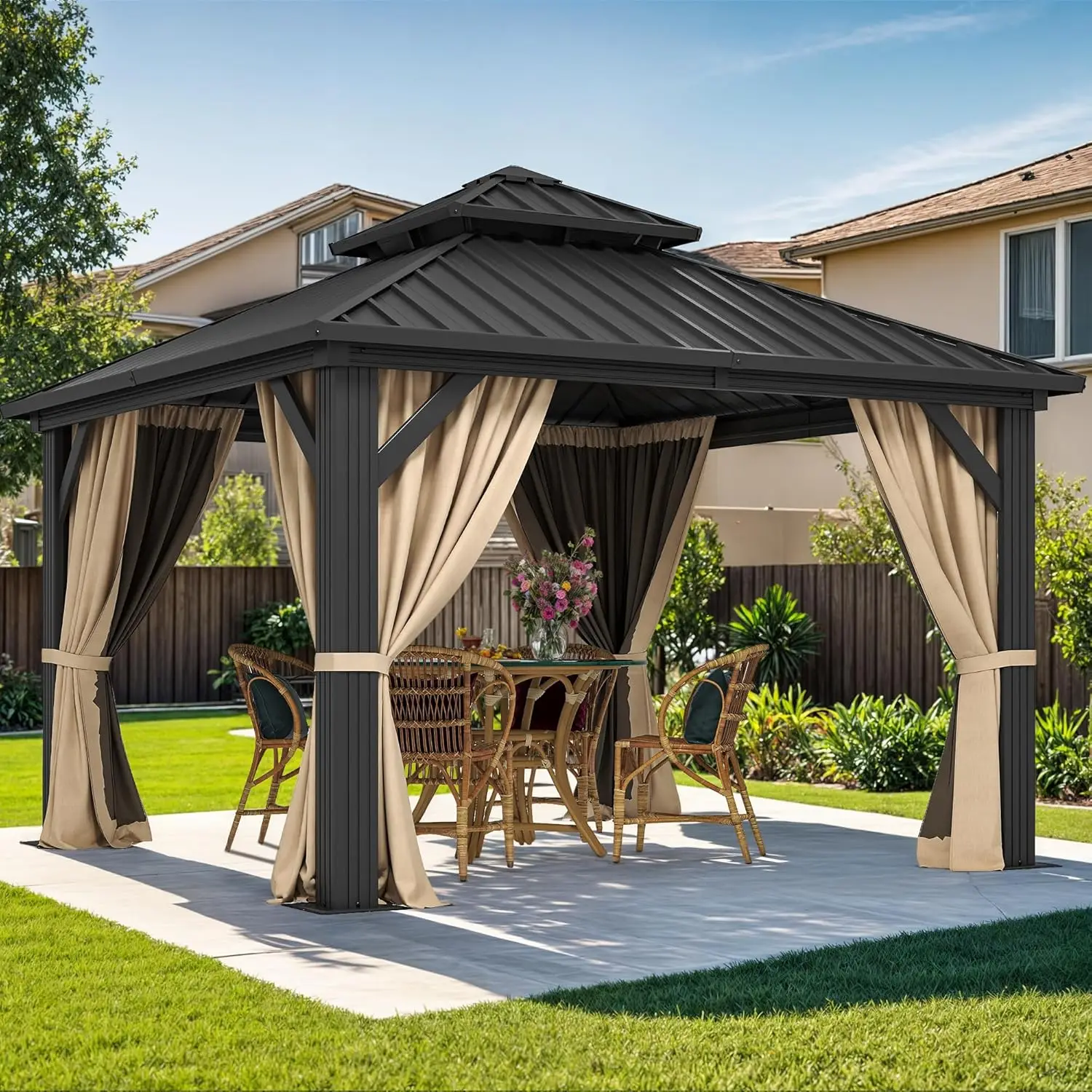 

10x10ft Hardtop Gazebo Double Roof Netting & Curtain Heavy Galvanized Steel Patio Backyard Deck Striped, Customized