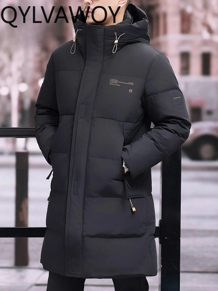 QYLVAWOY 87% Polyamide 2025 New Middle-Aged Men's Mid-Length Hooded Down Jacket Winter Dad's Outfit Thickened Outerwear LJ2166